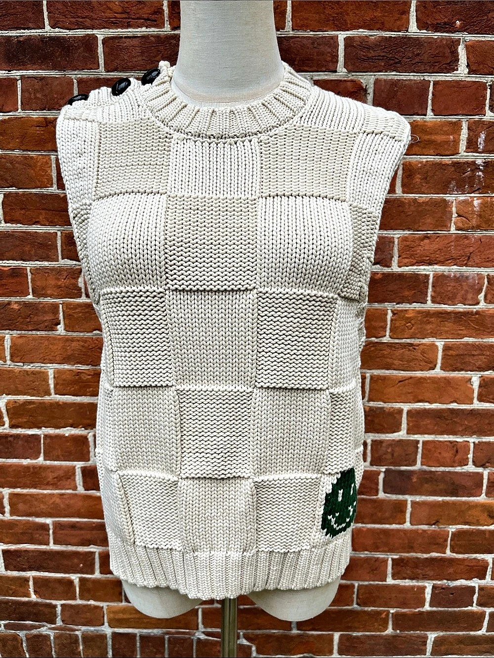 GANNI Cream Checkered Knit Sweater Vest with Green Smiley